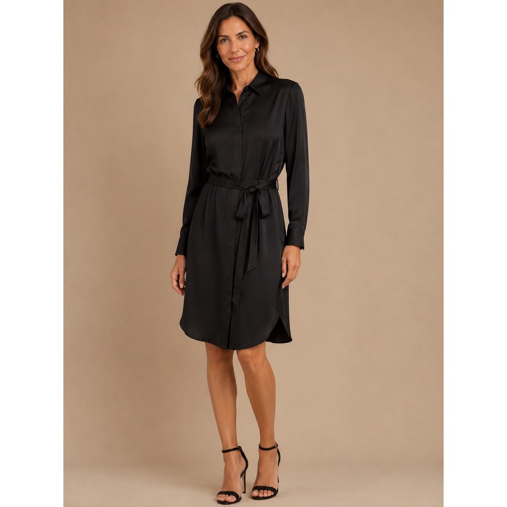 Quince Black Stretch Silk Shirt Dress Sz‎ Small Long Sleeve Belted